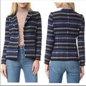 Rebecca Taylor fringe tweed jacket woven blue double breasted blazer blue stripe